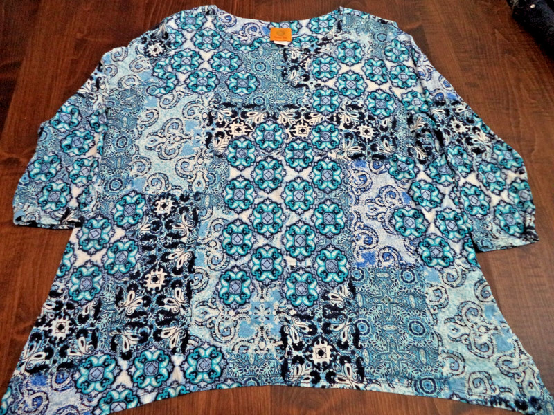 Ruby Rd. Top XL Shades of Blue White Turquoise 3/4S Embellished w Blue Stones