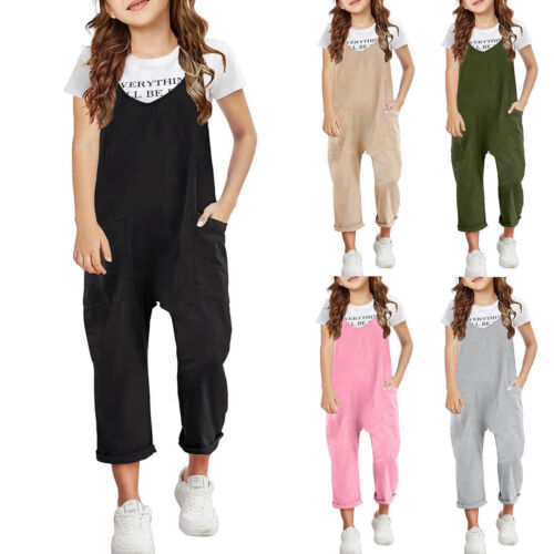 Girls Casual Sleeveless Jumpsuits Strap Loose Overalls Rompers Long Overalls - Picture 1 of 24