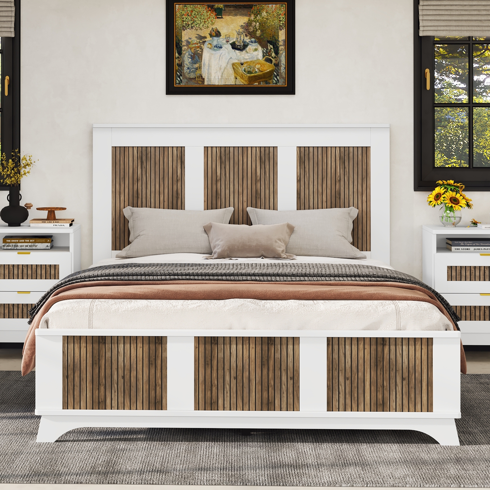 Farmhouse Wooden Platform Queen Size Bed, Modern Platform Bed with Wooden Strip