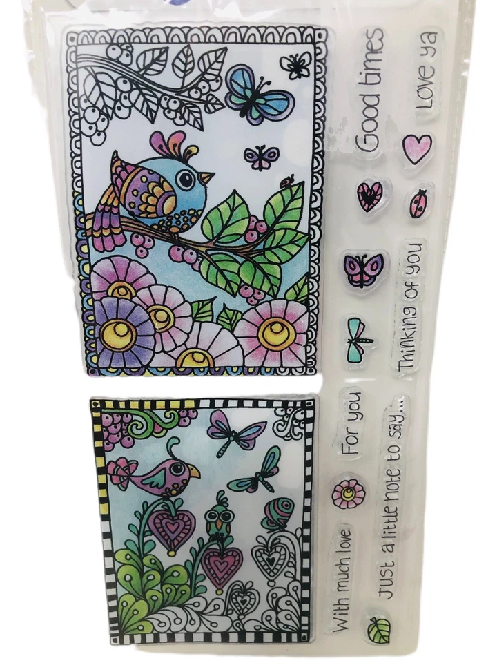 Estampillas acrílicas transparentes para colorear arte Hampton pájaros mariposas flores de amor Foto 4 de 4