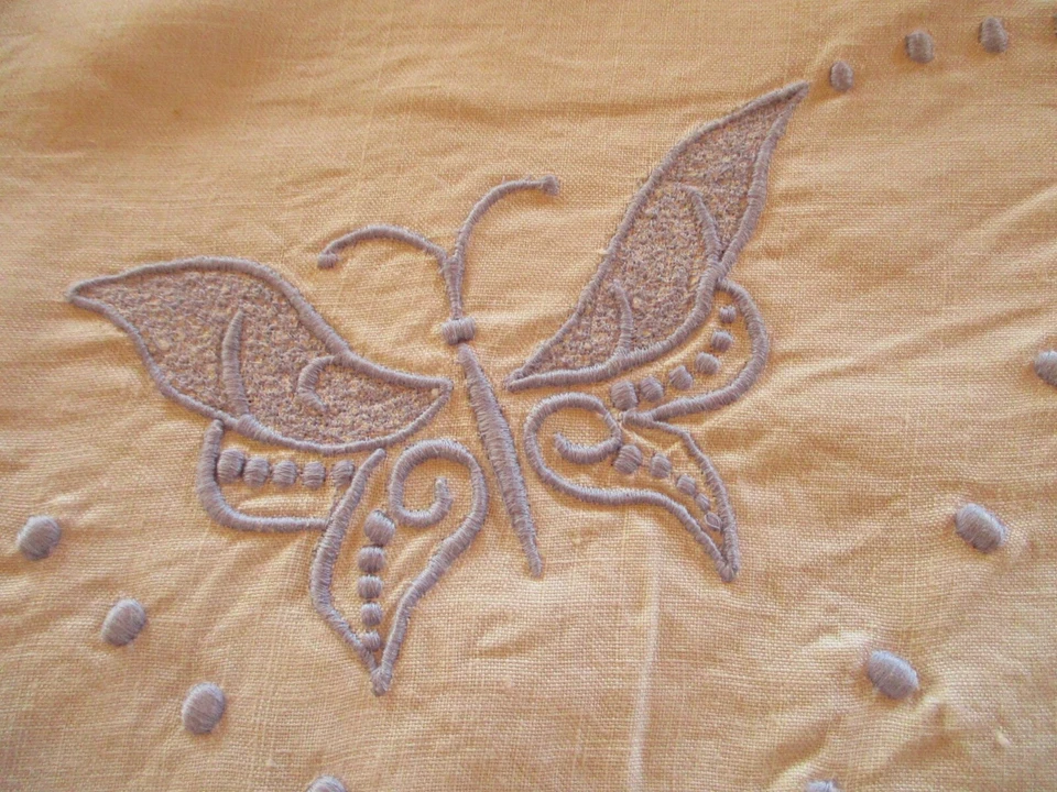 Drap N°86 ancien en fil de lin monogramme RB  207 X 295 Cm    papillons bleus - Photo 4/4