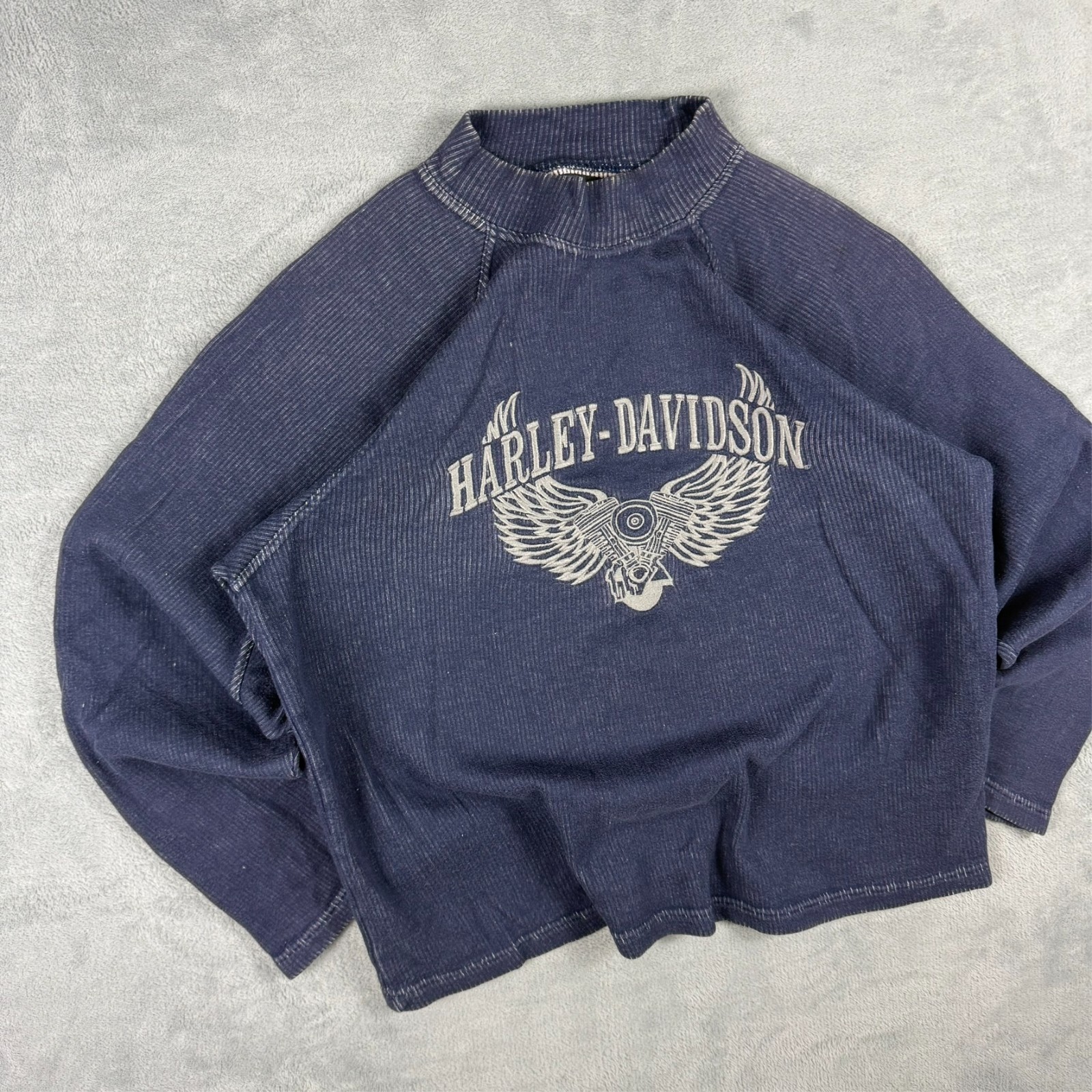 VTG Harley Davidson 2000's Navy Winged Engine Ribbed Oversized Small Sweatshirt image 2