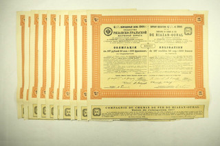 CHEMIN DE FER DE RIAZAN OURAL OBLIGATION DE 187.50 ROUBLES 4 1/2% 1908 X 10