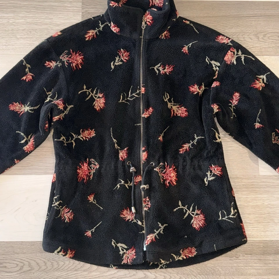 Chaqueta polar floral Tsunami vintage negra, roja y dorada - Hecha en Canadá talla M Foto 2 de 4