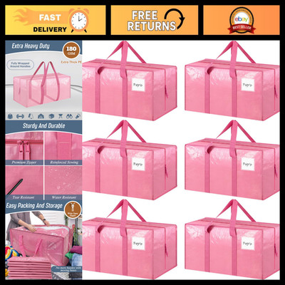 6 Pack Heavy Duty Large Moving Bags with Strong Zipper - Durable Storage, Pink
