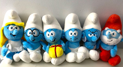 Set of 6 Smurfs Plush Toys 10 inch Smurf Papa Smurfette Brainy Grouchy Jokey NWT