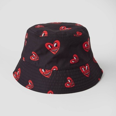 Men's Keith Haring/Mad Engine Polyester Reversible Bucket Hat - Black w hearts
