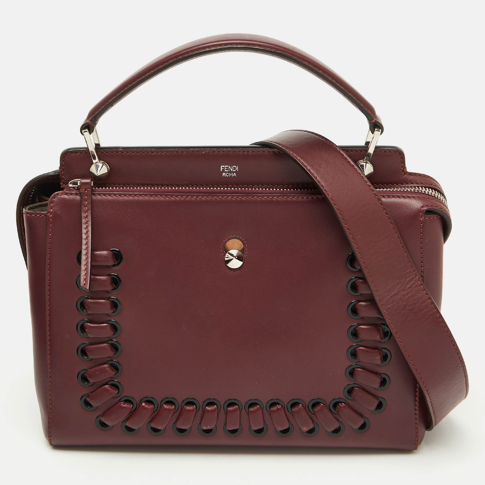 Fendi Burgundy Leather Dotcom Whipstitch Top Handle Bag