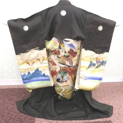 Antique Children's kimono Silk Warrior Horse Mountain Pattern Black 36.6inch