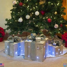 Alpine 3-Piece LED Lighted Wooden Christmas Gift Box Set - Silver Holiday Decor