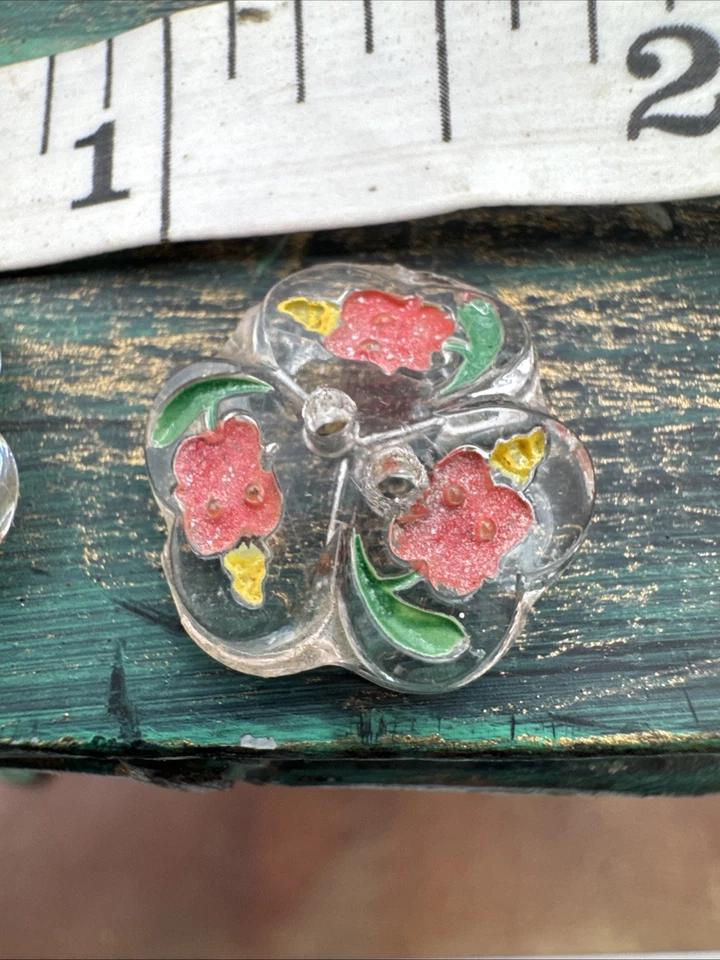 Lot Of 2 Vintage Hand Painted Glass Flower Buttons 1940’s - Image 4 of 4