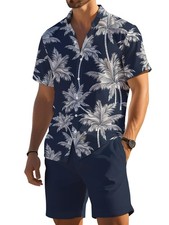 Mens Hawaiian Print 2-Piece Beach Outfit Shirt Matching Shorts Set Summer