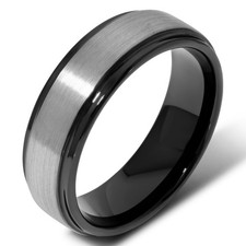 8mm Black  Silver Tungsten Ring Brushed Beveled Edge Mens Wedding Band
