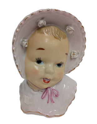 Vintage 1960s Royal Pottery Porcelain Baby In Bonnet Head Vase With Roses MCM