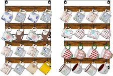 Rustic Wood Coffee Mug Rack - Wall Mount Cup Holder Shelf Storage for Kitchen,