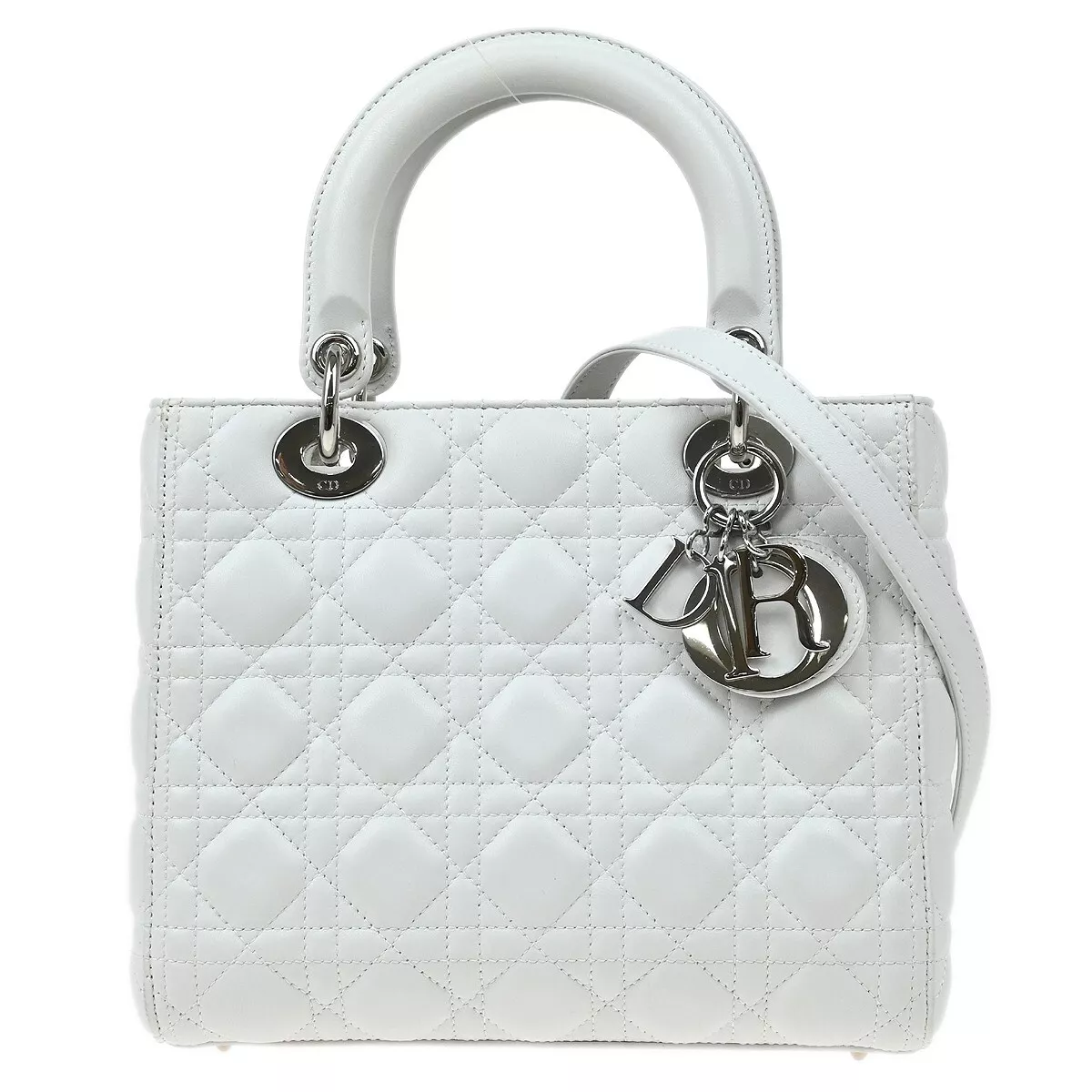 Sac à main Christian Dior blanc peau d'agneau Lady Dior cannage 2 voies 18 MA 1115 184523