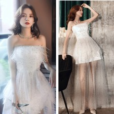 Lady Feather Sequins Mesh Dress Sexy Strapless Evening Gown Prom Ball White