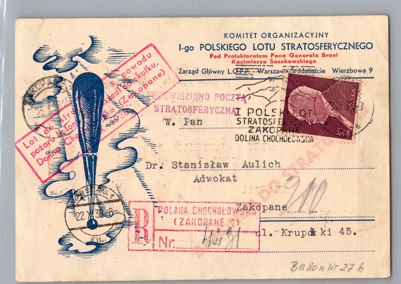 1938 Warsaw Poland Stratosphere Balloon Flight Postcard Cover To Zakopane