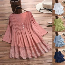 Tees Tunic Pullover Tops Blouse T-Shirt Cotton Women Linen 3/4 Sleeve Lace Boho