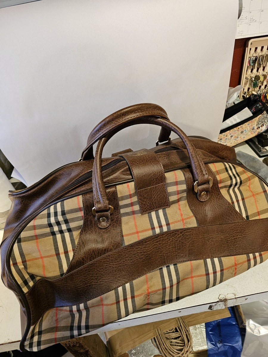 Auth vintage Burberry Haymarket duffle bag canvas leather 70s nice