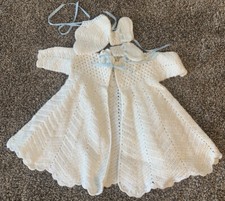 Hand Knit Baptism Christening Baby Robe Bonnet and Booties. white w/blue ribbon