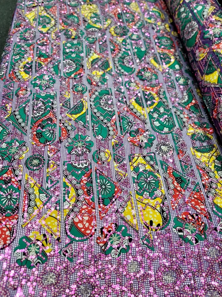 Tela de algodón bordada amarillo VERDE encaje lentejuelas lavanda se vende por yarda  Foto 2 de 4