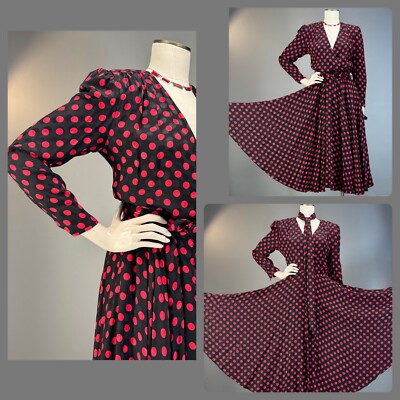 80s Silk Designer Wrap Shirt Dress Albert Nipon Polka Dot Red Black 200+  sweep!!