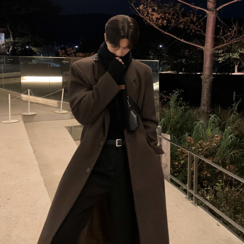 Men's Winter Long Over Knee Woolen Long Korean Windbreaker Thickened Warm Jacket