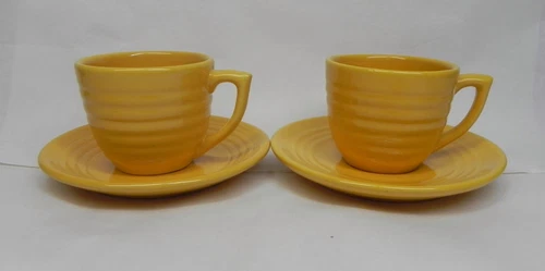 2 Sets of Vintage Bauer Pottery Ring Ware Chinese Yellow Coffee Cups & Saucers.