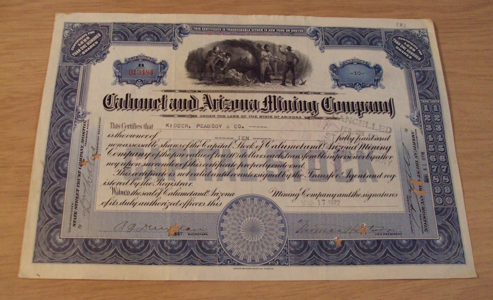 VTG 1922 STOCK Certificate~"CALUMET AND ARIZONA MINING COMPANY"~