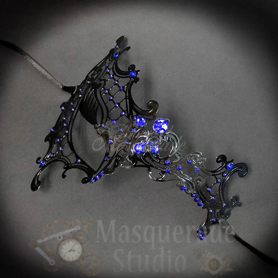 Womens Black Metal Phantom Laser-Cut Masquerade Prom Mask [Blue Rhinestones] - Image 3 of 4