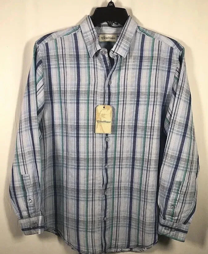 Caribbean Men Shirt Top Large Linen Blend Button Down Long Sleeve Plaid Blue New