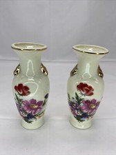 Set Of 2 Petite Handpainted Transfer Ceramic Bud Vases Flowers White Body