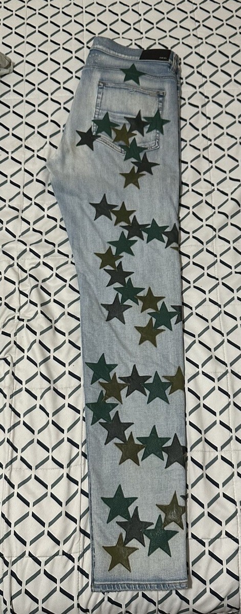 Amiri x Chemist Size 38 Green Leather Star Patch Jeans Light