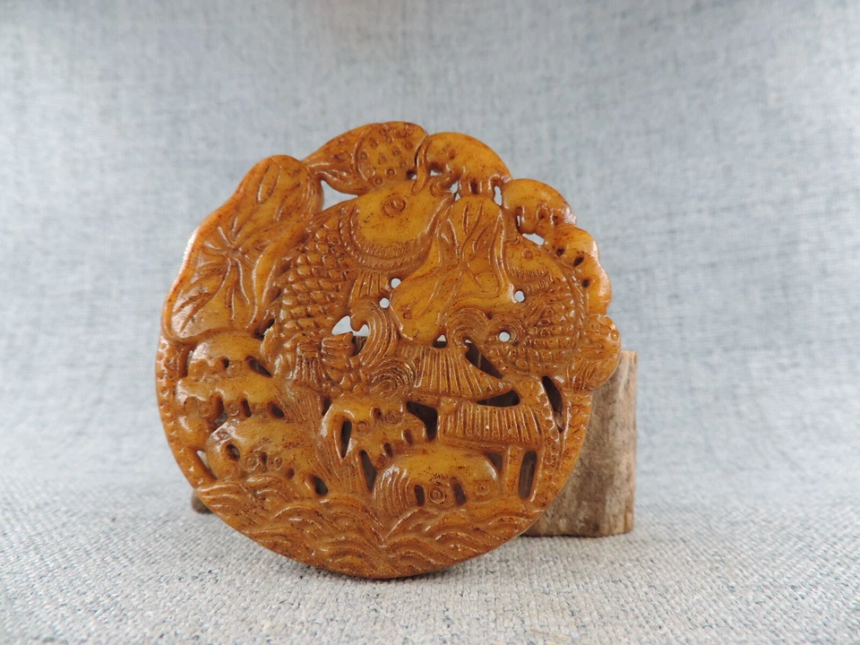 Colgante antiguo chino de jade hetiano escultura manual patrón de pez hueco Foto 3 de 4