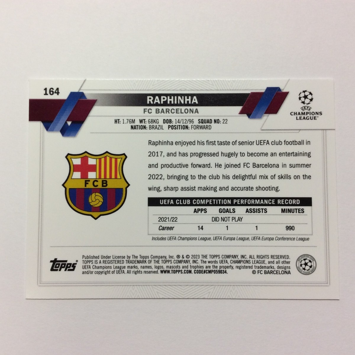 2022-23 Topps UEFA Champions League #164 Raphinha FC