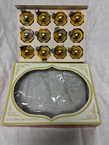 Shiny Brite Glass Gold Christmas Tree Ornaments Balls Box Set 12 Vintage