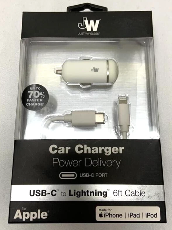 Just Wireless Car CHARGER 6' ft CABLE USB-C to iPhone 14 Pro Max 13 12 11 XS MFi - Image 2 of 4
