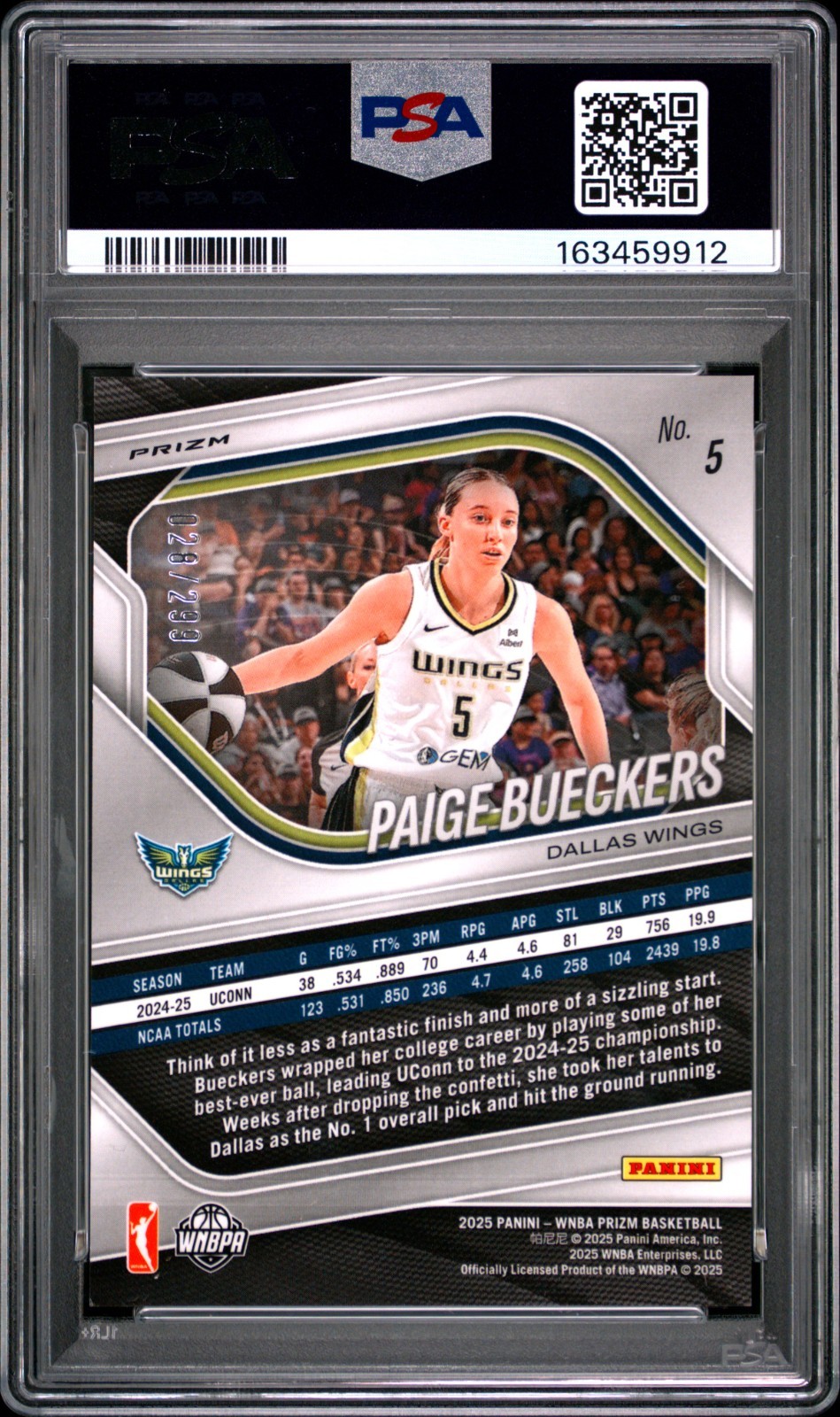 2025 Panini Prizm WNBA #5 Paige Bueckers Red Prizm Wings RC Rookie /299 PSA 10 view 2