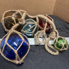 Lot 6 Glass Fishing Floats Buoy Blue Green Red Hand Blown Nautical Tiki Freeshp!