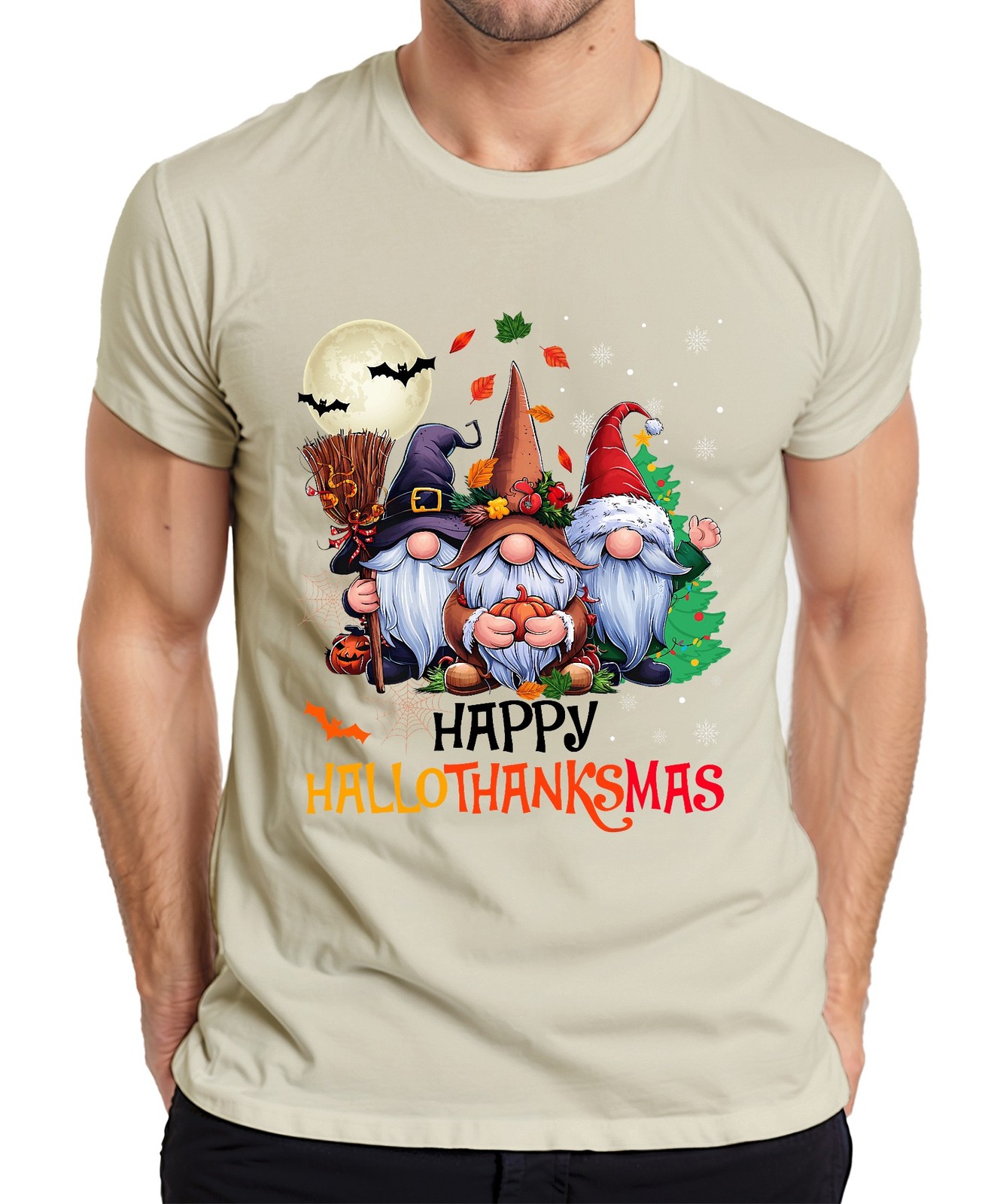 Happy Hallothanksmas Gnome Halloween Thanksgiving Christmas Vintage Mens T-Shirt