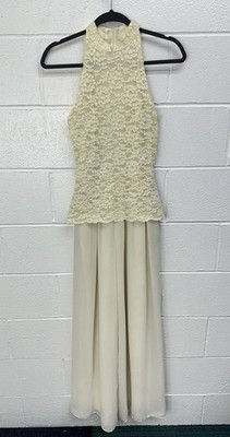 VTG C est Bon Vintage Ivory Lace Halter Sleeveless Wide Leg Jumpsuit USA XS/S
