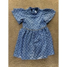 Janie and Jack Girls Blue Geometric Floral Flutter Sleeve Dress Size 7 Gold Trim
