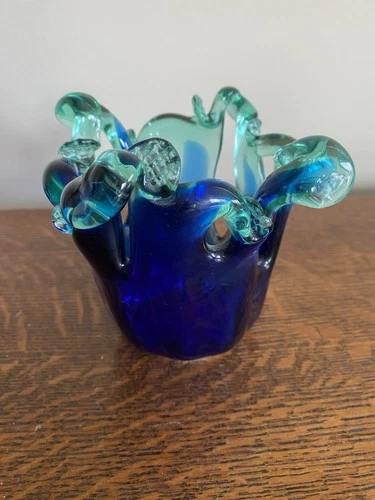Vintage Murano Art Blown Glass Vase Blue Green Wavy Ruffle Bowl Label Cristal D6