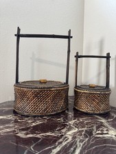 Vintage Chinese Wedding Baskets Set of 2 Graduated Woven Bamboo Rattan Lidded