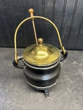Vtg 6in Black Cast Iron Fire Starter Smudge Pot Cauldron With Brass Lid and Wand
