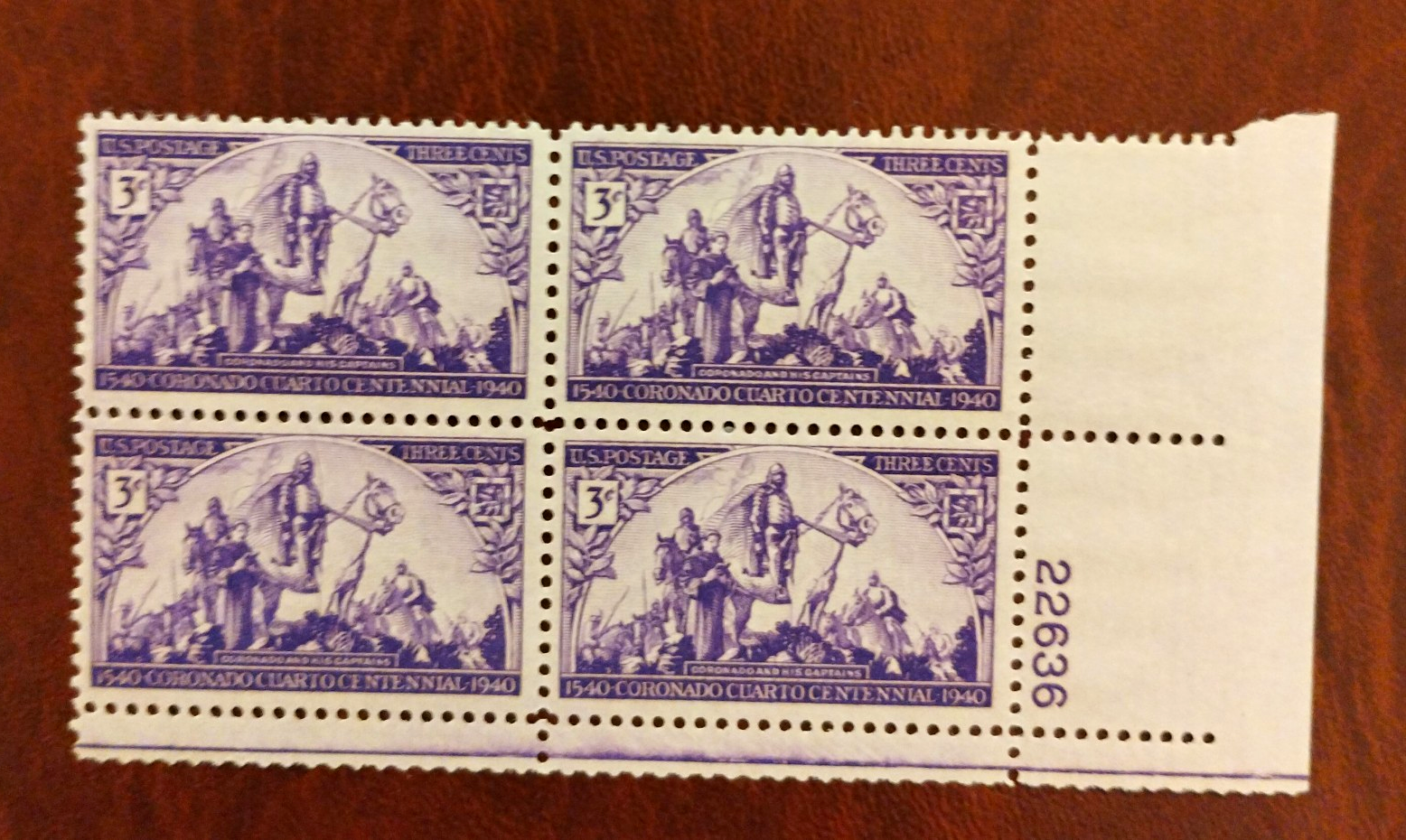 United States Coronado Cuarto Centennial 3¢ Violet Plate Block of 4 MNH 1940