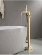 Brushed Gold Floor Mount Freestanding Bathtub Faucet Tub Filler with Hand Shower