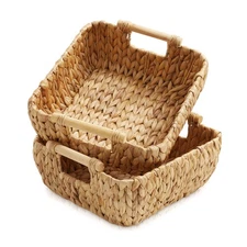 2-Piece Oval Storage Baskets with Wood Handles, Small Woven Wicker Bin Organizer