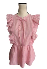 LOFT Blouse Sleeveless Ruffle Top Keyhole Pink & White Striped NWT Small